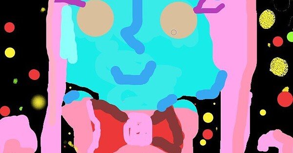 A child's drawing of a green-skinned girl with fuchsia hair and a pink gown, set against a black background with colorful splotches