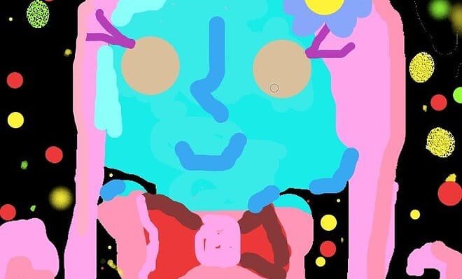 A child's drawing of a green-skinned girl with fuchsia hair and a pink gown, set against a black background with colorful splotches