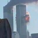 An image of a laughing Dick Cheney is superimposed across the Twin Towers as they belch smoke and fire on 9/11