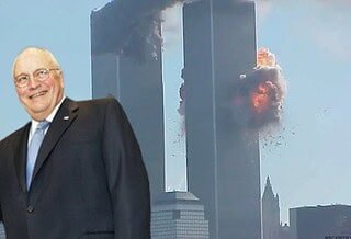 An image of a laughing Dick Cheney is superimposed across the Twin Towers as they belch smoke and fire on 9/11