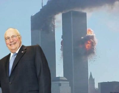An image of a laughing Dick Cheney is superimposed across the Twin Towers as they belch smoke and fire on 9/11