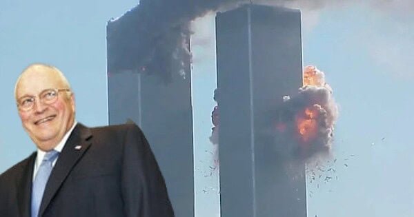 An image of a laughing Dick Cheney is superimposed across the Twin Towers as they belch smoke and fire on 9/11