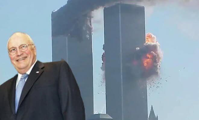 An image of a laughing Dick Cheney is superimposed across the Twin Towers as they belch smoke and fire on 9/11