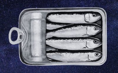 a black and white painting of an open sardine tin on a blue starry background