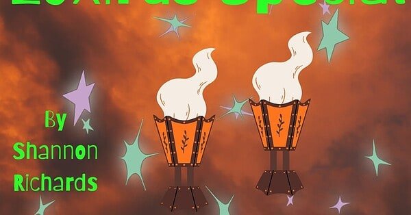 Two smoking orange goblets and bright green lettering that reads "Loxirus Special by Shannon Richards" appear across a smoky orange background dotted with purple and green stars.