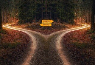 A crossroad with opposing signs in a wooded area